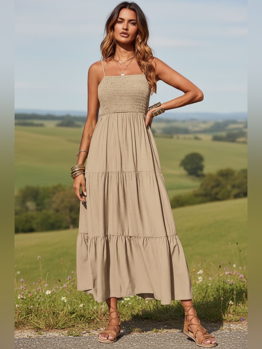 PrettyGarden Beige Smocked Tiered Maxi Dress Spaghetti Strap Size S Boho